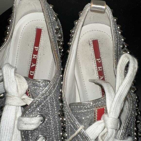 Prada Silver Glitter Studded Low Top Sneakers EU 40 - Picture 14 of 16